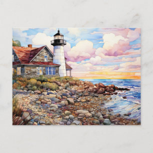 Küstenlandschaft mit Hütte und Leuchtturm Postkarte