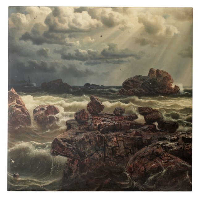 Küstenlandschaft mit Schiffen am Horizont Fliese (Vorderseite)