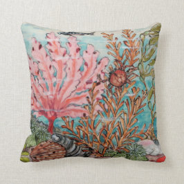 Küstenleben Rosa Aqua Coral Crab Muschel Fisch Kissen