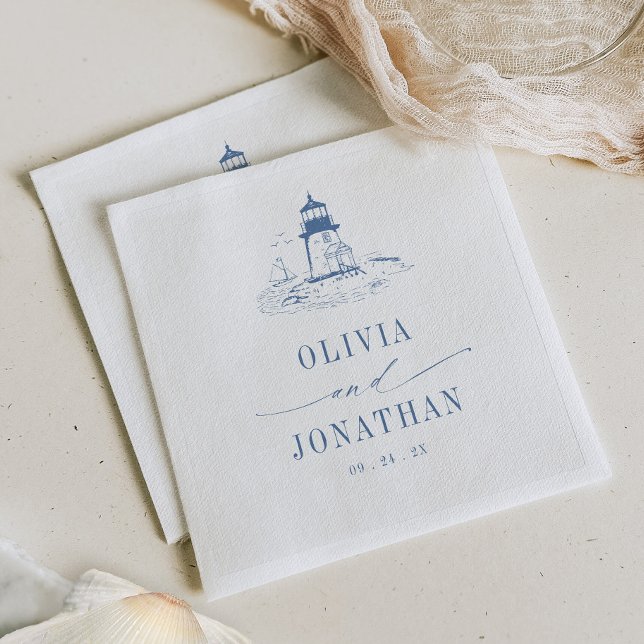 Küstenleuchtturm Blaue Toile Hochzeit Serviette (Von Creator hochgeladen)