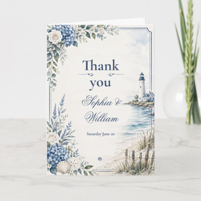 Küstenleuchtturm-Hochzeit-Dankeskarten Dankeskarte (Vorderseite)