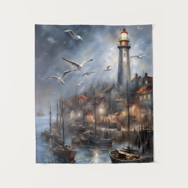 KüstenLeuchtturm in Twilight Schöne Kunst Wandteppich (Vorderseite)