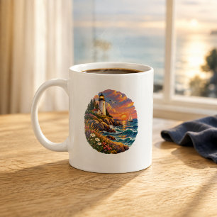 Küstenleuchtturm-Sonnenuntergang-Ozean-Kunst-Tasse Kaffeetasse