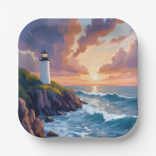 Küstenleuchtturm Sonnenuntergang Strand Ozean Ge Pappteller