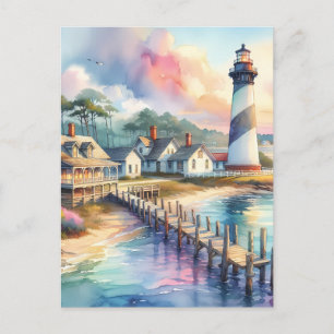 Küstenleuchtturm- und Strandhäuschen-Szene Postkarte