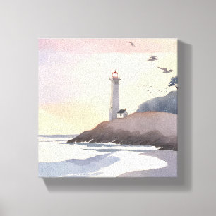 Küstenleuchtturm   Wasserfarbenmalerei am Strand Leinwanddruck