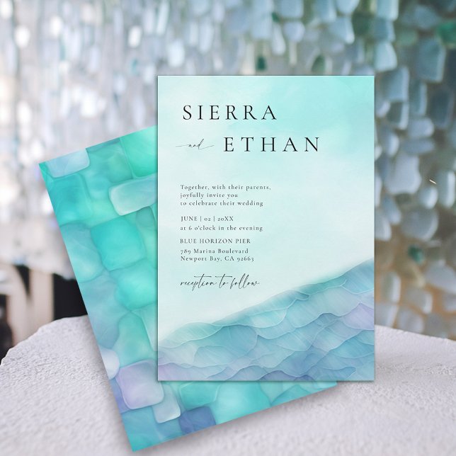 Küstenmeer-Glas 2 Aquamariner Lavendel Elegante Ho Einladung (coastal wedding invitation sea glass teal blue lavender purple modern ocean beach elegant romantic)