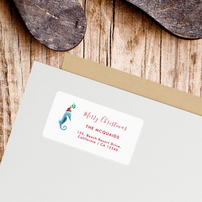 Küstenmeer Weihnachtsfeiertag Adressaufkleber (Watercolor Sea Horse Return Address Label)