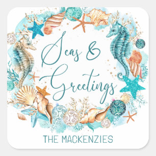 Küstenmeere und Seepferd Muscheln Quadratischer Aufkleber