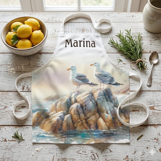 Küstenmöwen Aquarell Seelandschaft Schürze (Coastal Seagulls Watercolor Seascape Apron)