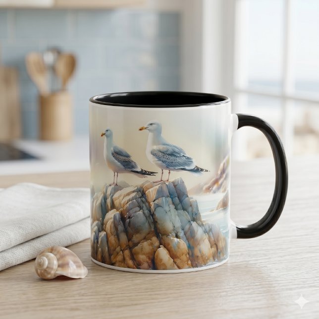 Küstenmöwen Aquarell Seelandschaft Tasse (Coastal Seagulls Watercolor Seascape Mug)