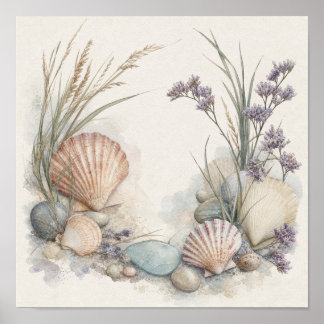 Küstenmuscheln und Meerlavendel Quadratische Wandk Poster