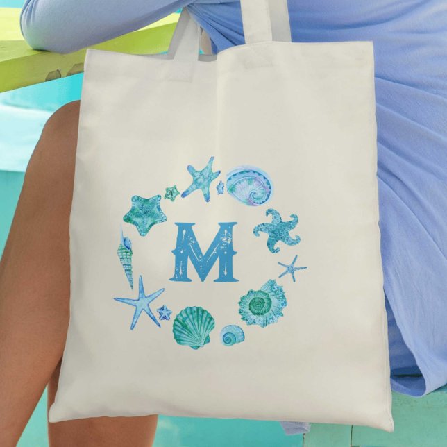 Küstenmuscheln und Mit Monogramm Starfish Tragetasche (Coastal Seashells and Starfish Monogrammed Tote Bag)