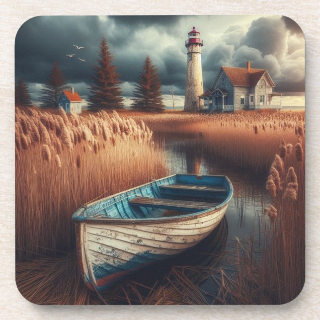 Küstennähe: Leuchtturm und Rowboat Getränkeuntersetzer (Vorderseite)