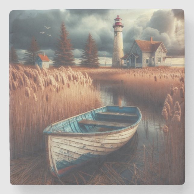 Küstennähe: Leuchtturm und Rowboat Steinuntersetzer (Vorderseite)