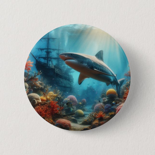 Küstennaher Tigerhai & Korallenriff Button (Vorderseite)
