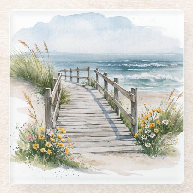 Küstenpromenade Aquarell  Glasuntersetzer (Vorderseite)