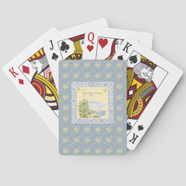 Küstenriviera-Monogramm-Fliesen-Limonen-Muster Spielkarten (Rückseite)