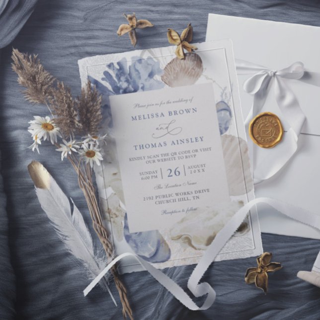 Küstensandstrand blaue Muschel-QR-Code-Hochzeit Einladung (Von Creator hochgeladen)