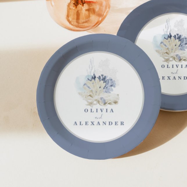 Küstensandstrand blaue Muschelhochzeit Pappteller (Von Creator hochgeladen)