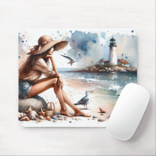 Küstensandstrandmädchen und Leuchtturm Mousepad