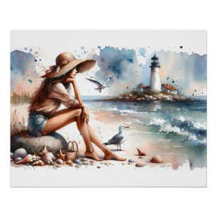 Küstensandstrandmädchen und Leuchtturm Poster