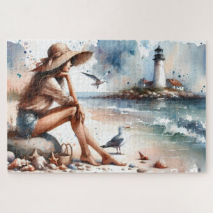 Küstensandstrandmädchen und Leuchtturm Puzzle