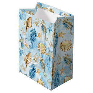 Küstenschick   Modernes Blau und Gold unter dem Me Mittlere Geschenktüte