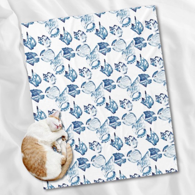 Küstenschicke Indigoblau-Aquarell Fleecedecke (coastal chic indigo blue ocean watercolor seashell fleece blanket)