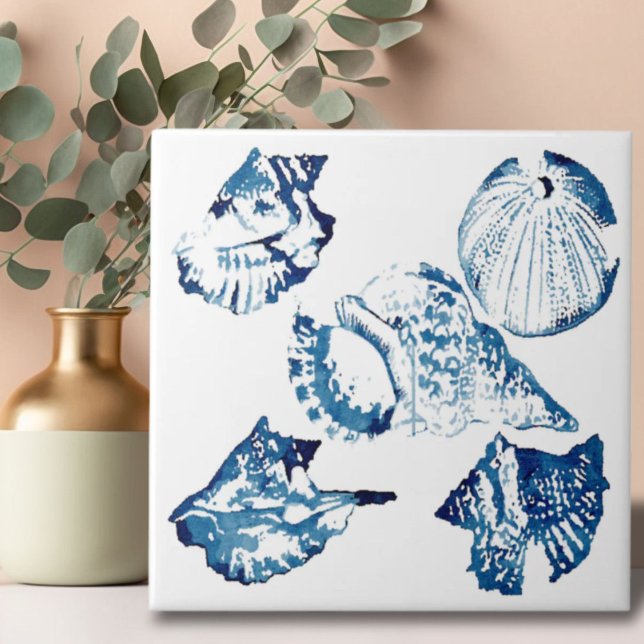 Küstenschicke Indigoblau-Aquarell Fliese (coastal chic indigo blue ocean watercolor seashell ceramic tile)