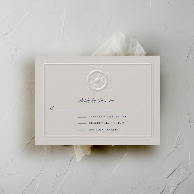 Küstenschiff-Helm formale Rahmen Hochzeitreaktion (coastal nautical wedding rsvp card faux embossed boat helm double frame modern classic navy ivory)