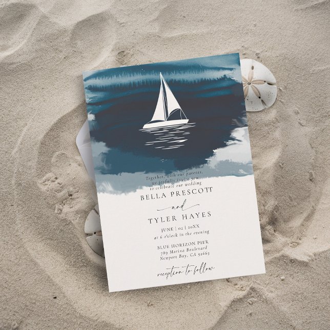 Küstenschiff Marine Ocean Beach Segel Elegante Hoc Einladung (coastal wedding invitation modern minimalist elegant beach ocean waves boat sail sailing navy blue)