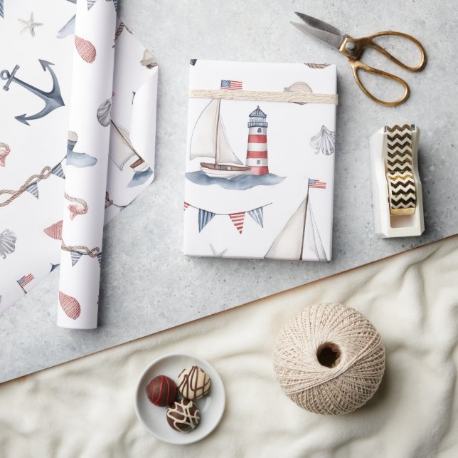 Küstenschifffahrt 4. Juli-Segelboote Leuchtturm  Geschenkpapier (Basteln)