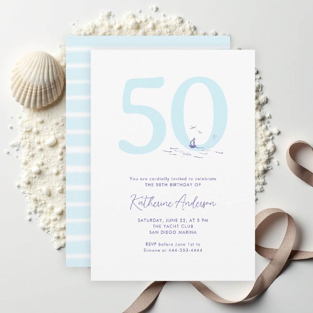 Küstenschifffahrt Elegant 50. Geburtstag Einladung (50TH birthday invitation her coastal nautical boat yacht beach waterfront ocean marina stripes)