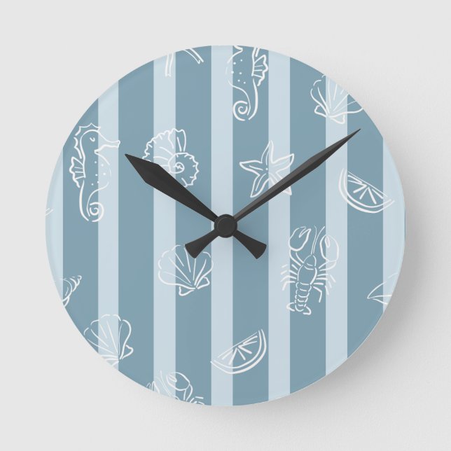 Küstenschifffahrtsmuster | Blaue Meeresmuschel & S Runde Wanduhr (Vorderseite)