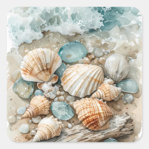 Küstenschnecken-Wasserfarben-Treibholz-Szene Quadratischer Aufkleber