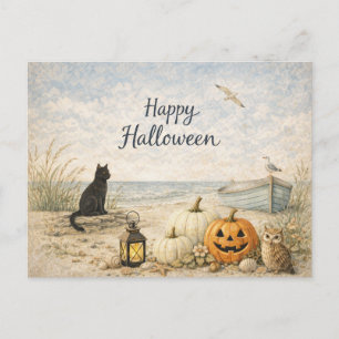 Küstenschwarze Katzen-Ruderboot-Halloween Feiertagspostkarte