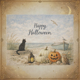 Küstenschwarze Katzen-Ruderboot-Halloween Feiertagspostkarte