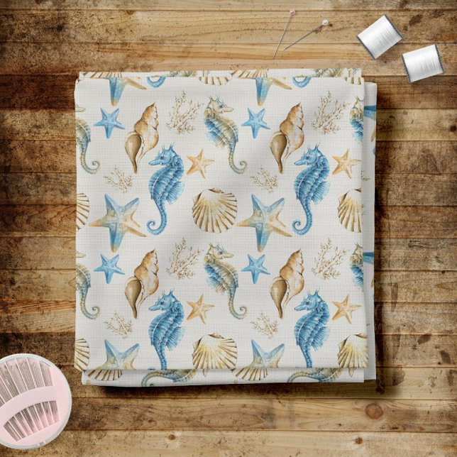 Küstenseashells Seepferde und Starfish Muster Stoff (Coastal Seashells Seahorses and Starfish Pattern Fabric -- Chose from 7 types of fabric!)