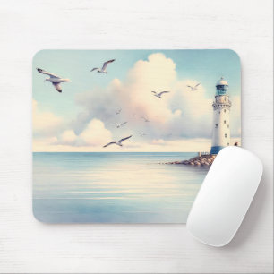 Küstensee-Leuchtturm-Möwen Pastellhimmel Gelassenh Mousepad