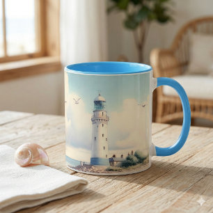 Küstensee-Leuchtturm-Möwen Pastellhimmel Gelassenh Tasse