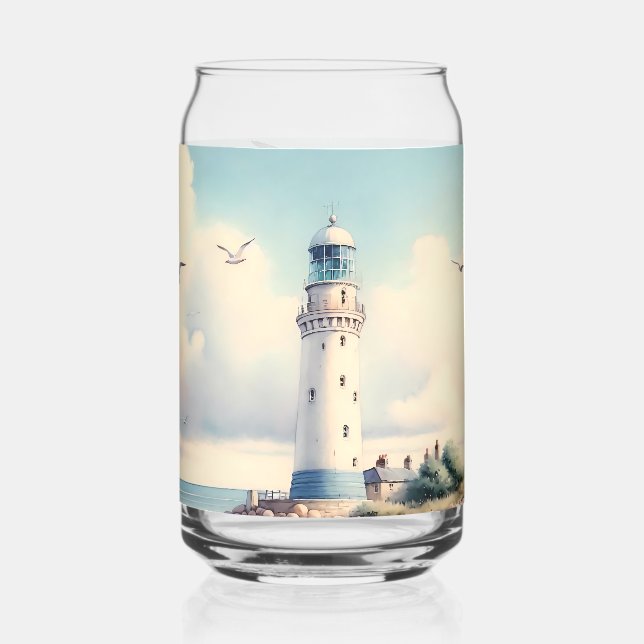 Küstensee-Leuchtturm-Möwen Pastellhimmel Ruhe Dosenglas (Rückseite)