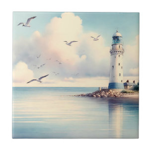 Küstensee-Leuchtturm-Möwen Pastellhimmel Ruhe Fliese