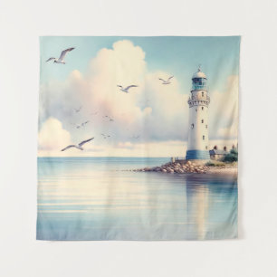 Küstensee-Leuchtturm-Möwen Pastellhimmel Ruhe Wandteppich