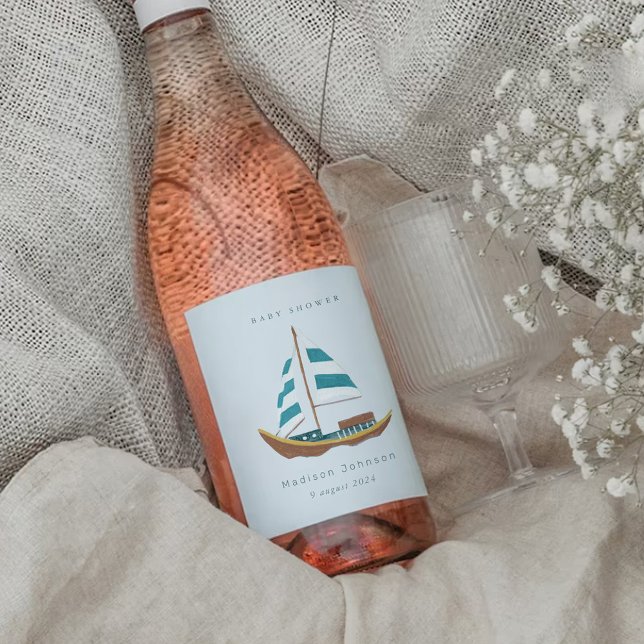 Küstenseegelboot Babydusche Party Weinetikett (Coastal sailing boat baby shower party wine label)