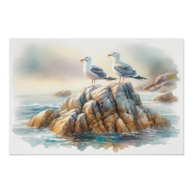 Küstenseemöwen Aquarell-Seelandschaft Poster (Vorderseite)
