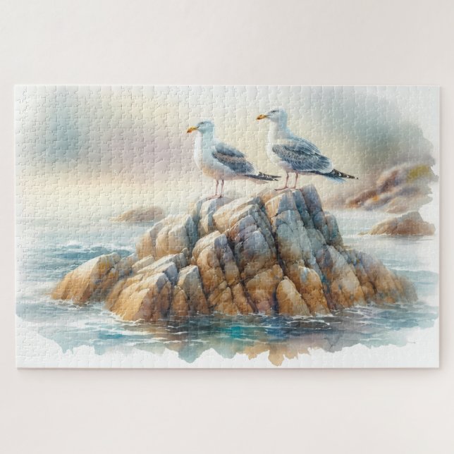 Küstenseemöwen-Aquarell-Seelandschaft Puzzle (Horizontal)