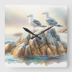 Küstenseemöwen-Aquarell-Seelandschaft Quadratische Wanduhr