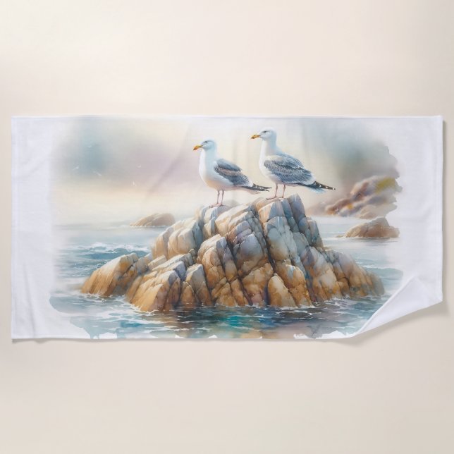Küstenseemöwen Aquarell-Seelandschaft Strandtuch (Vorderseite)