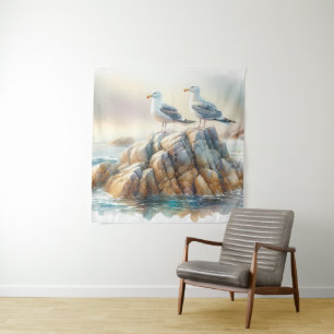 Küstenseemöwen Aquarell-Seelandschaft Wandteppich